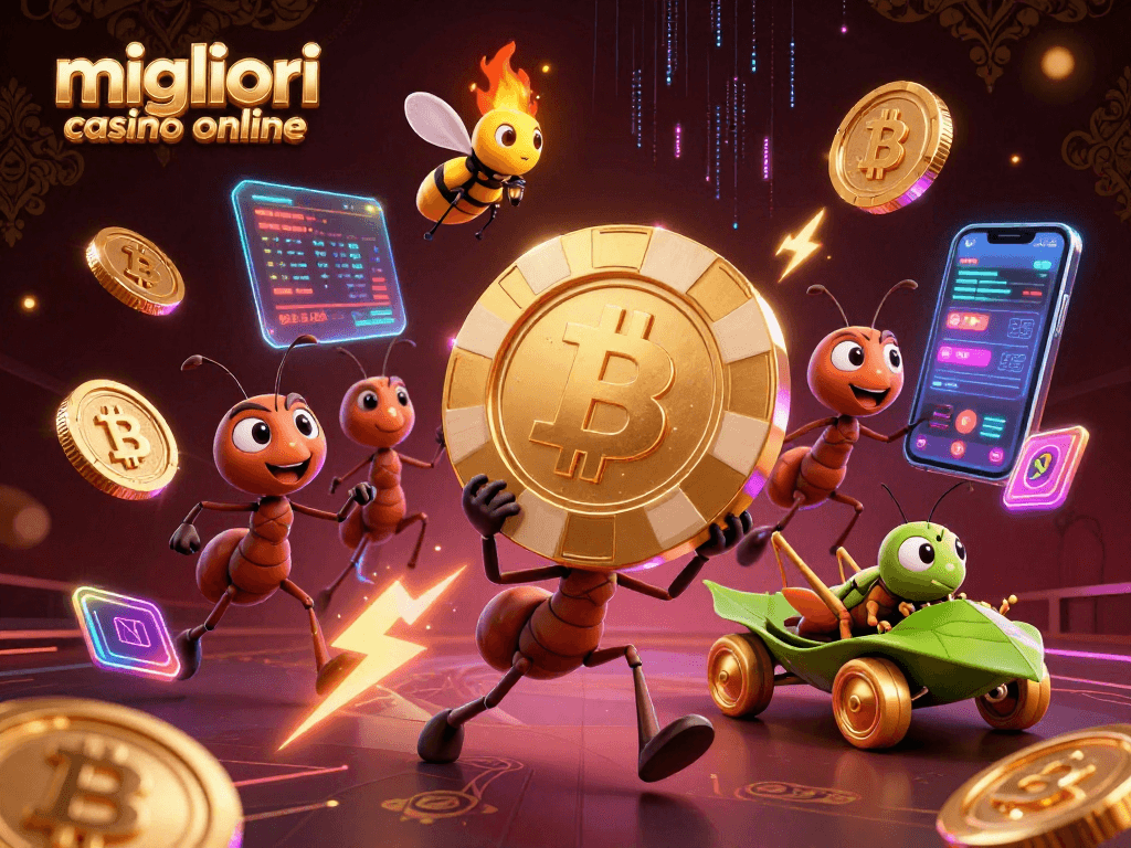 I migliori casino online presentano una scena avvincente con formiche in fuga e giochi d'azzardo futuristici.
