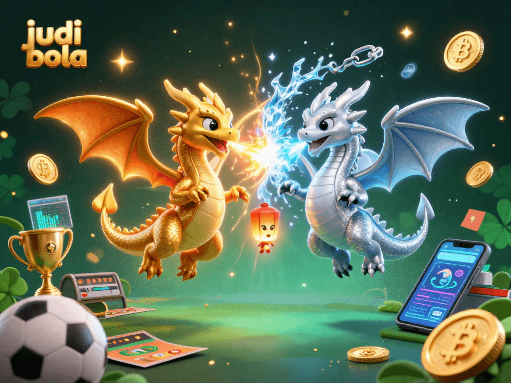 Bet on judi bola with thrilling action between golden and silver dragons in a vibrant digital scene.