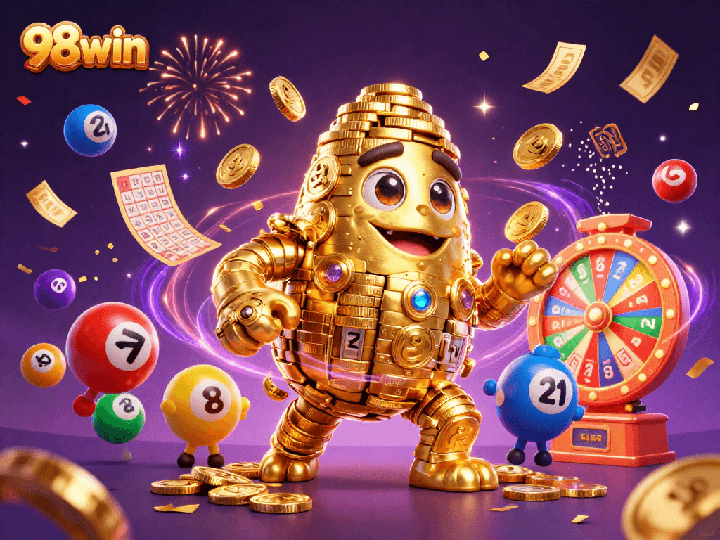 Experience thrilling gaming at 98win with a vibrant 3D portrayal of a golden golem and dynamic casino elements.