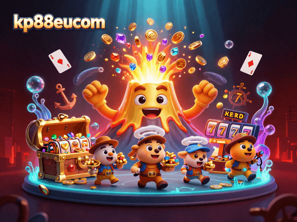 Experience exciting wins at kp88eucom with a spectacular volcano erupting treasures in this colorful scene.