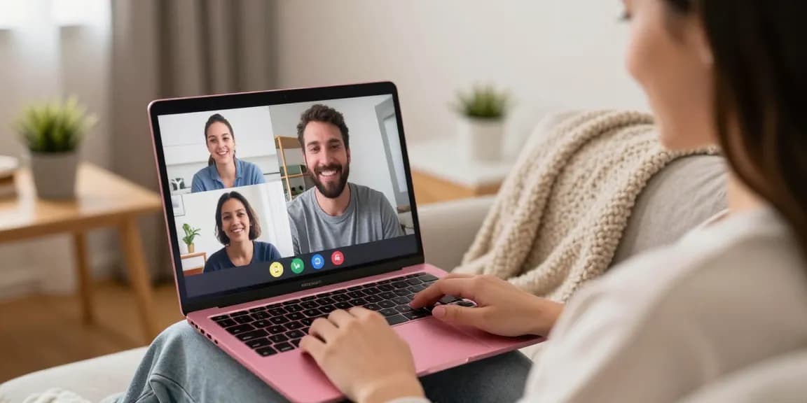 Experience pink video chat face-to-face with real people in a cozy setting.