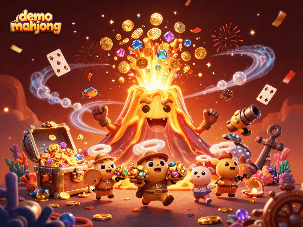 Demo mahjong menampilkan permainan slot yang menarik dengan karakter dan harta karun berkilau yang menyenangkan.
