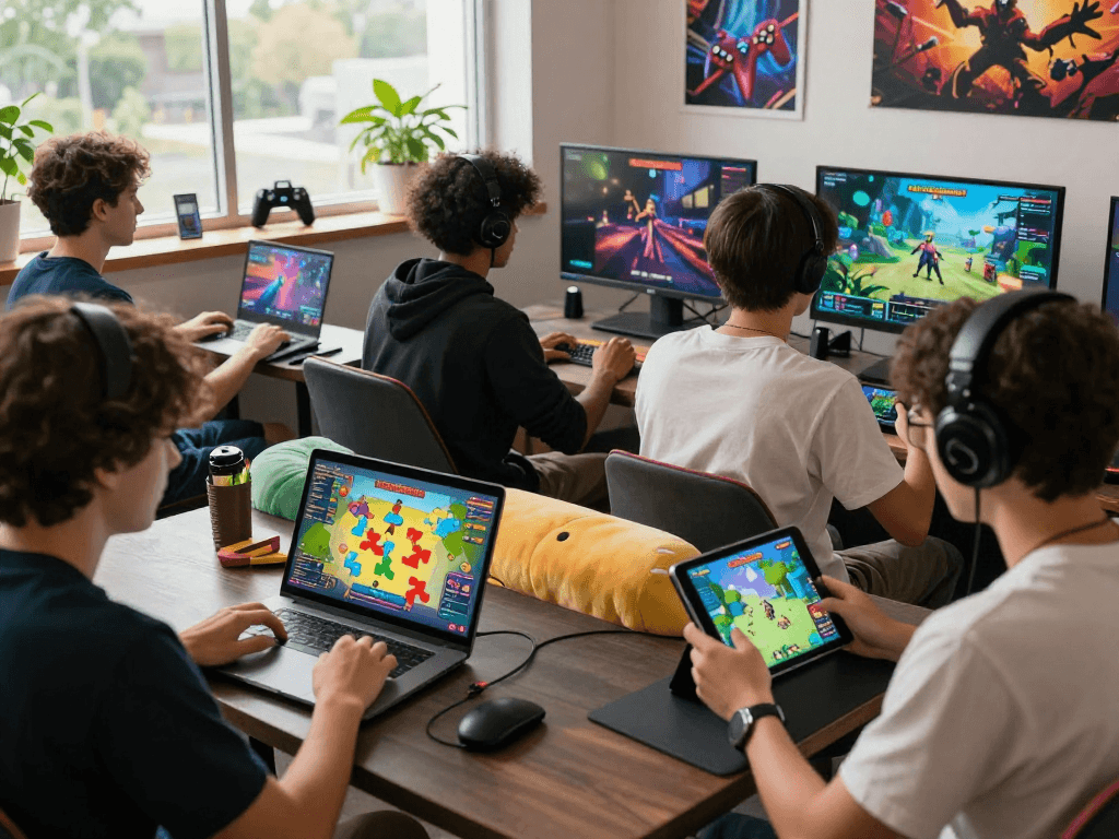 Young adults engaged in various porn games on multiple devices in a vibrant, interactive gaming lounge.