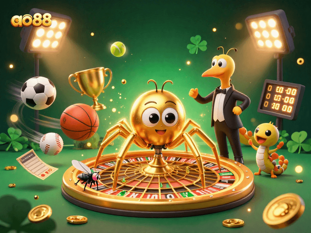 Bet on ao88's thrilling games showcased in a vibrant, dynamic 3D casino scene.