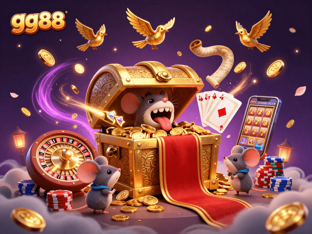 Engage with gg88's vibrant gaming scene featuring treasure chests, coins, and casino elements.