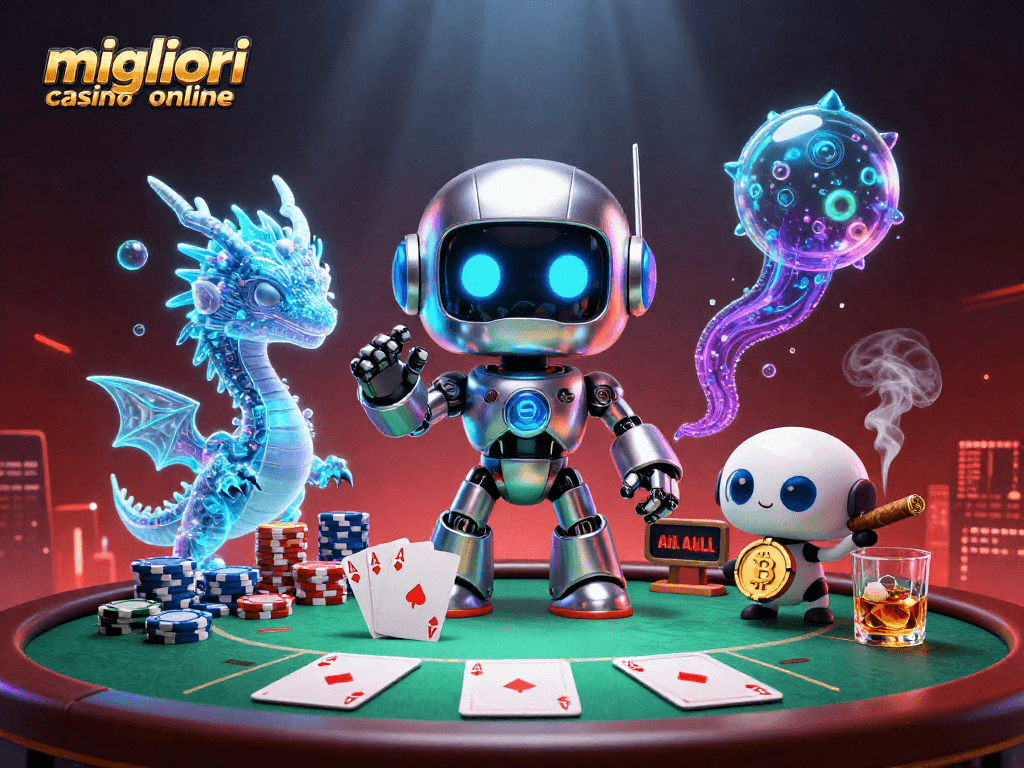 Gioca ai migliori casino online con questa illustrazione 3D che mostra robot e drago virtuale al tavolo da poker.