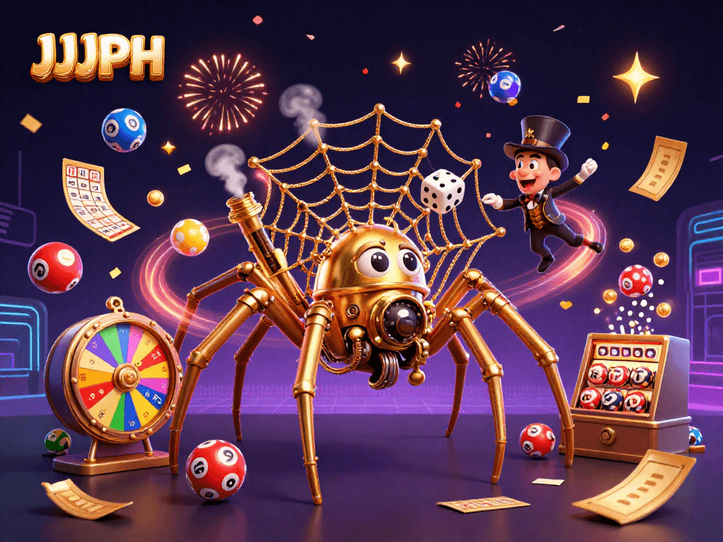 Engage with JJJPH as the golden steampunk spider spins a web of chance in a vibrant casino scene.