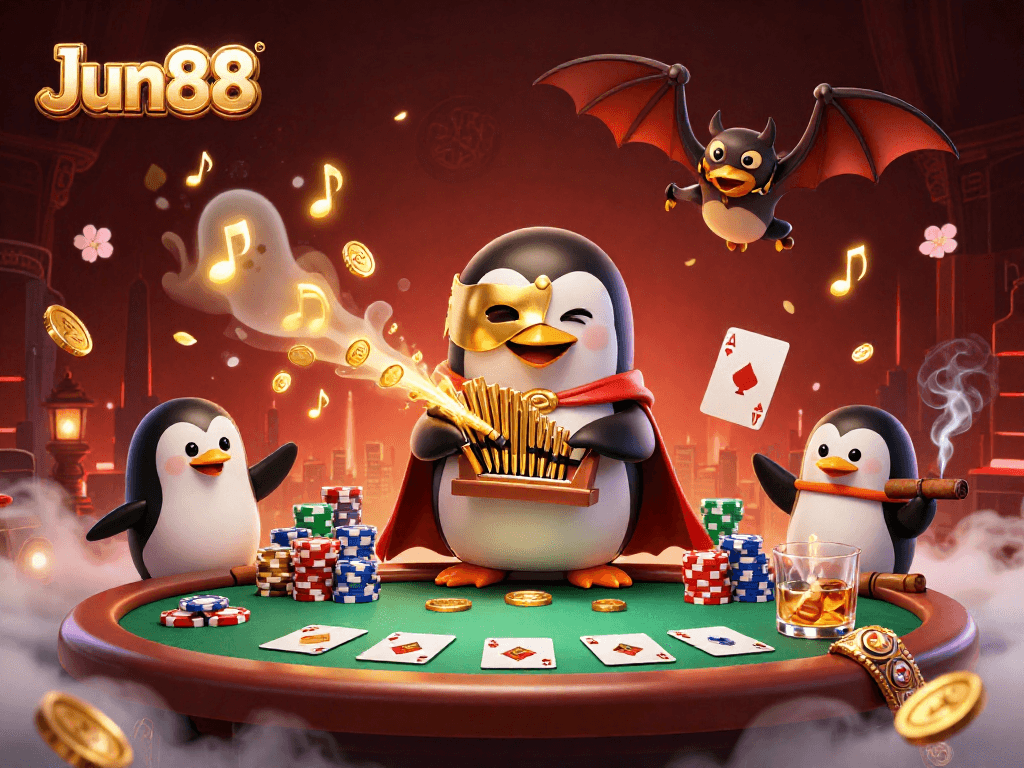 Experience thrilling gaming at Jun88 with a vibrant 3D casino illustration of a penguin playing an organ that shoots coins.