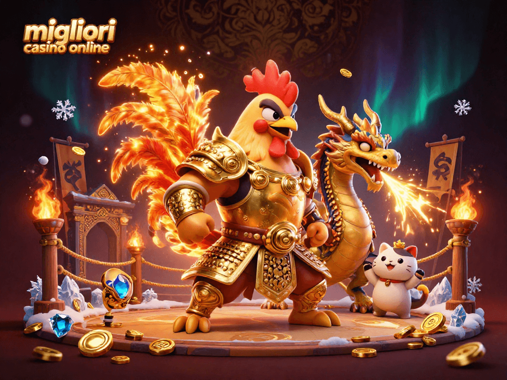Scopri i migliori casino online con un guerriero gallo e un dragone in un arioso combattimento.