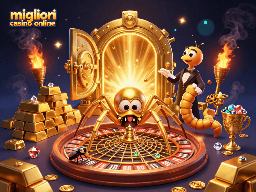 Scopri i migliori casino online con la rappresentazione di un ragno d'oro e una ruota della fortuna.