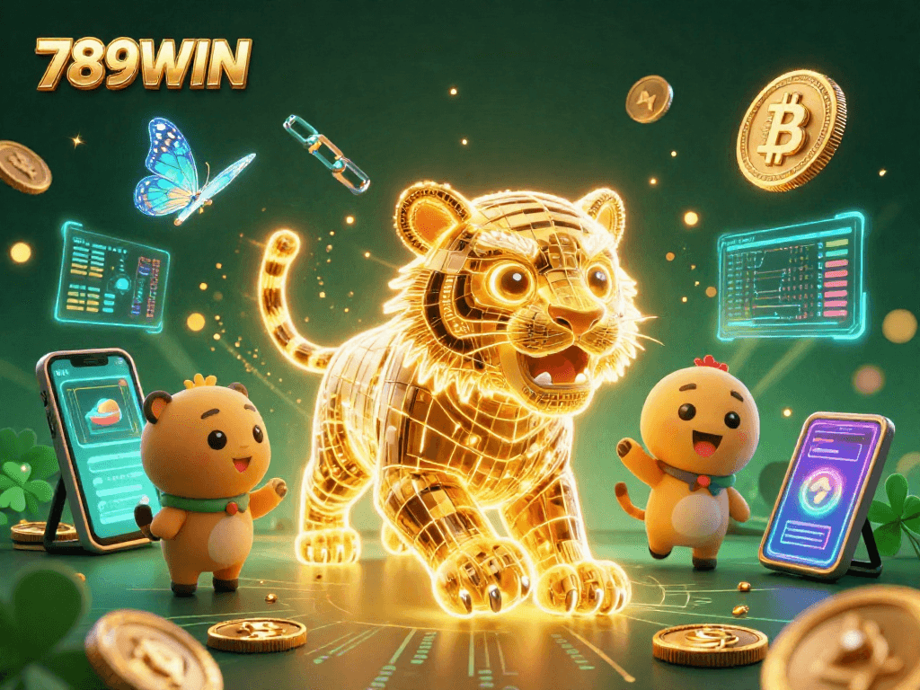 Immerse yourself in the vibrant world of 789WIN with a dazzling 3D casino scene featuring a golden tiger and cryptocurrency elements.