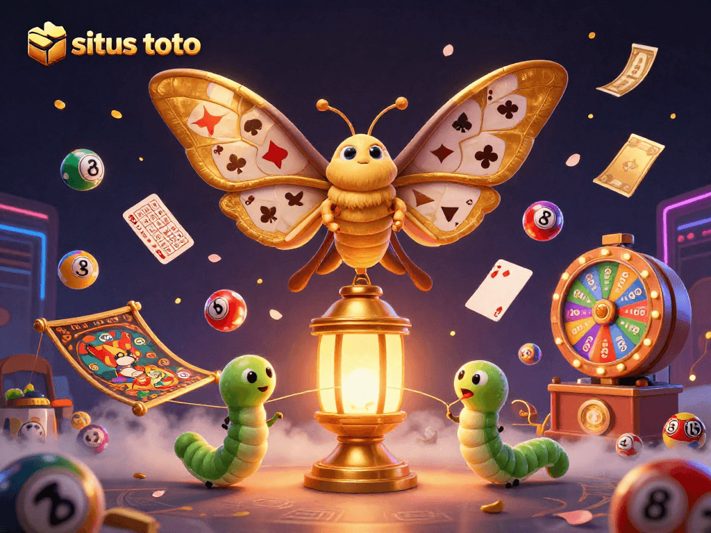 Menangkan permainan situs toto sambil dikelilingi bola lotere berwarna-warni dan hadiah emas.