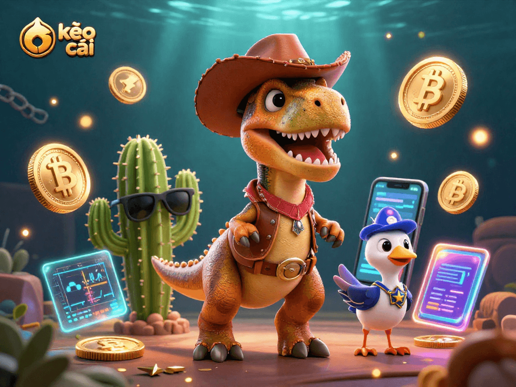 Engage with kèo nhà cái through a vibrant 3D scene featuring a cowboy dinosaur and crypto elements.