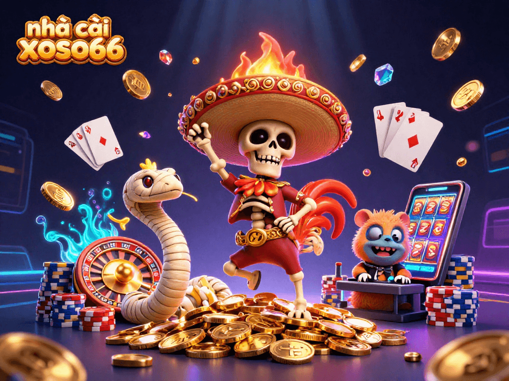 Engage with nhà cái xoso66 in this vibrant 3D illustration of fun characters amidst casino elements.