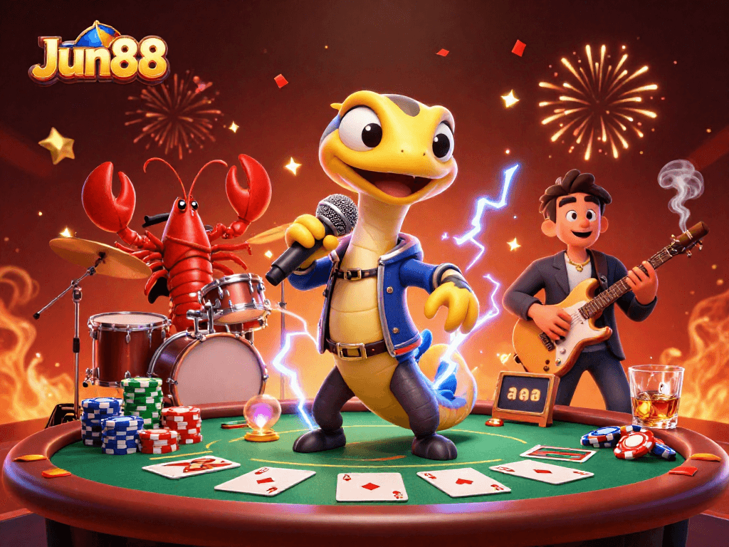 Engage with Jun88's underwater casino scene featuring a DJ electric eel and colorful poker elements.
