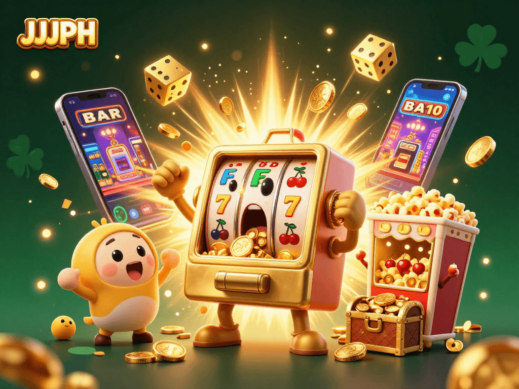JJJPH slot machine celebrates a jackpot win with coins pouring out, creating a festive casino atmosphere.
