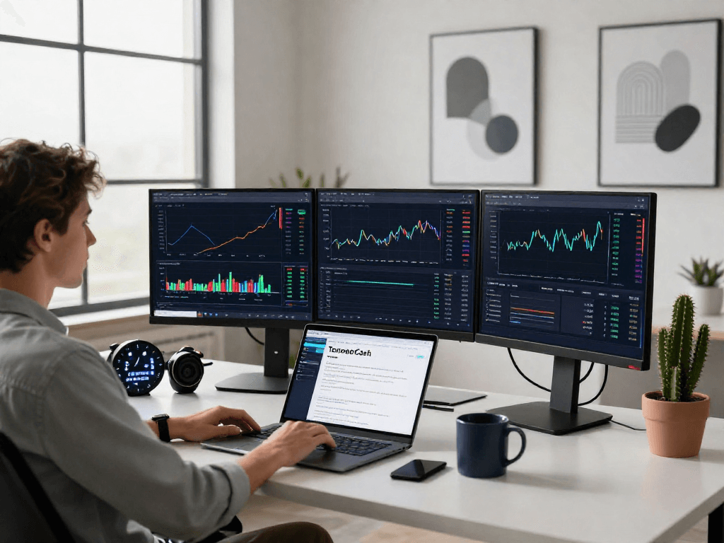 Focused individual monitoring Tornado Cash metrics in a modern tech workspace for optimal privacy strategies.