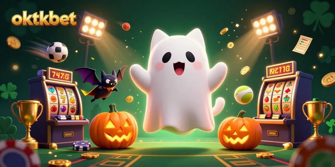 Play exciting games at oktkbet with a joyful ghost cat and dynamic casino elements surrounding them.
