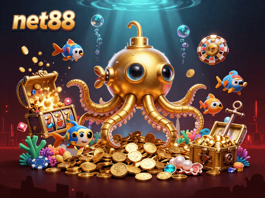 Engage in thrilling gameplay at net88 with vibrant casino elements and a golden kraken submarine.