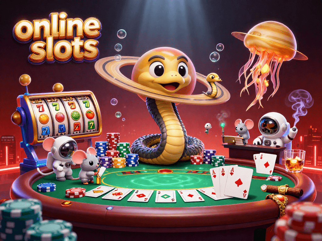 Engage with online slots through this vibrant 3D illustration capturing cosmic gambling excitement.