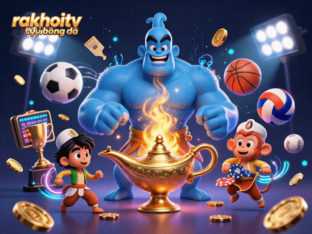 Experience rakhoitv trực tiếp bóng đá with a vibrant 3D scene of sports betting featuring a genie, monkey, and vibrant sports elements.