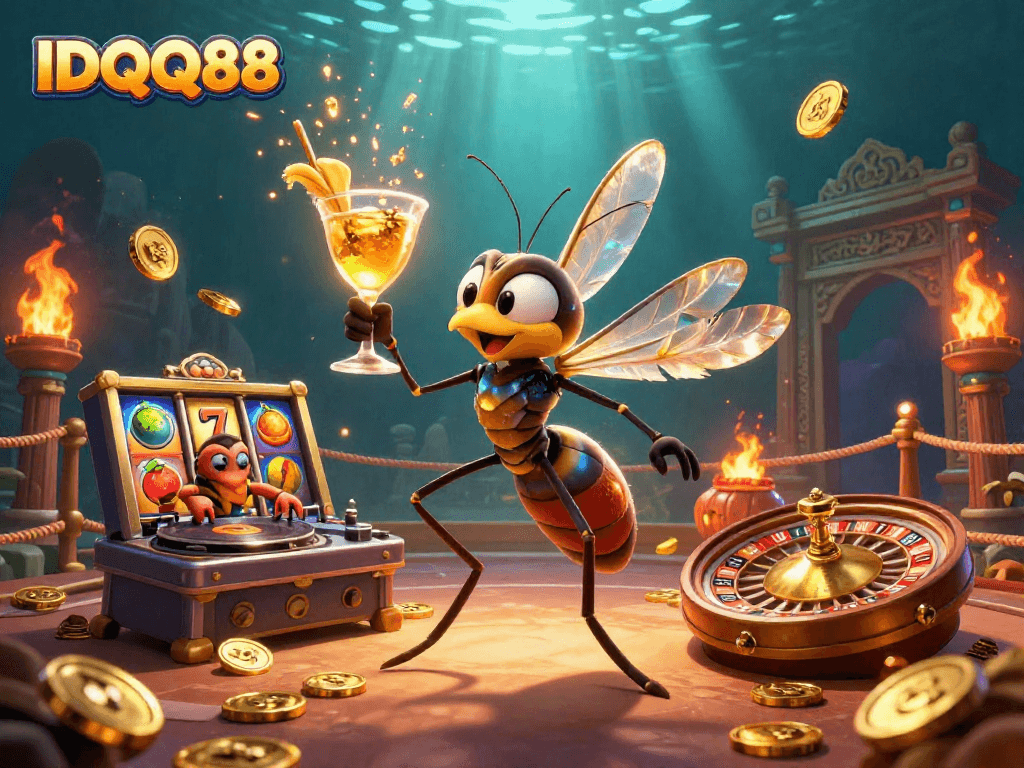 IDQQ88 casino mascot with vibrant slot game elements and a trilobite DJ spinning in a dynamic scene.