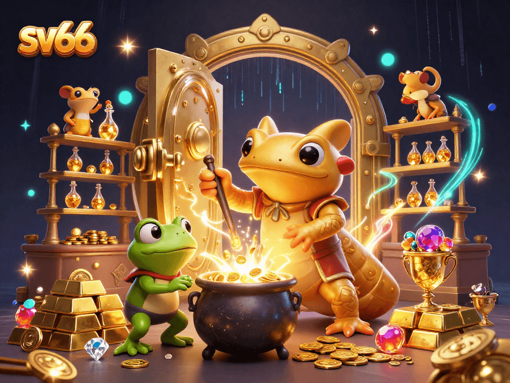 Engage with sv66, a vibrant scene showcasing a mystical alchemist turning base metals into gold in a casino setting.