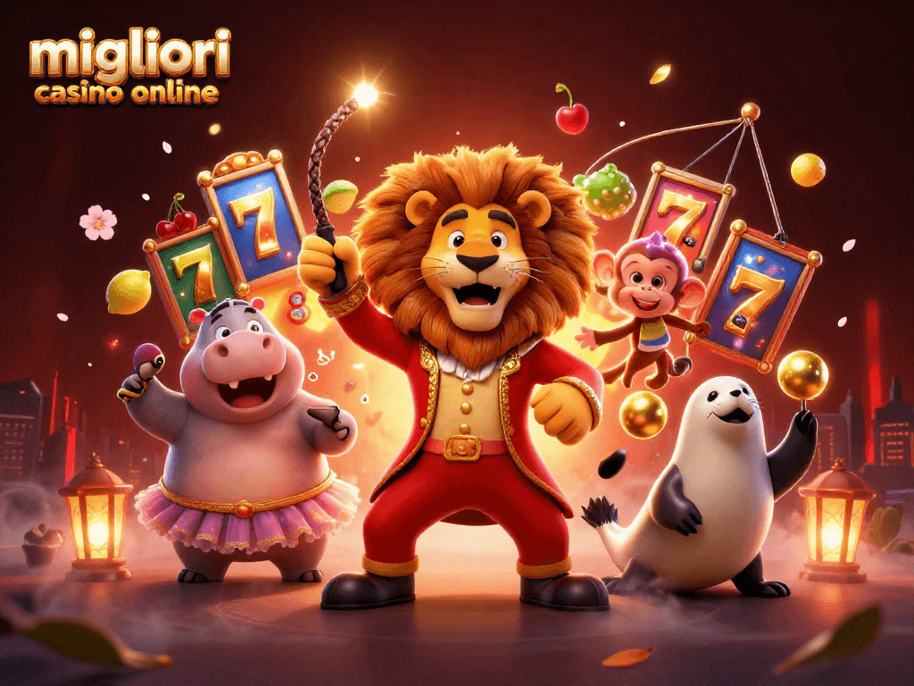 Gioca nei migliori casino online con una scena vivace di personaggi gioiosi e simboli di slot.