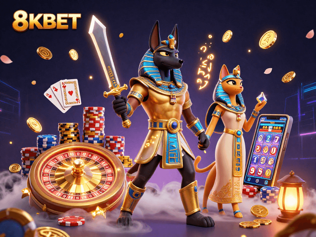 Experience thrilling wins with 8KBET in this dynamic casino scene featuring ancient Egyptian characters.