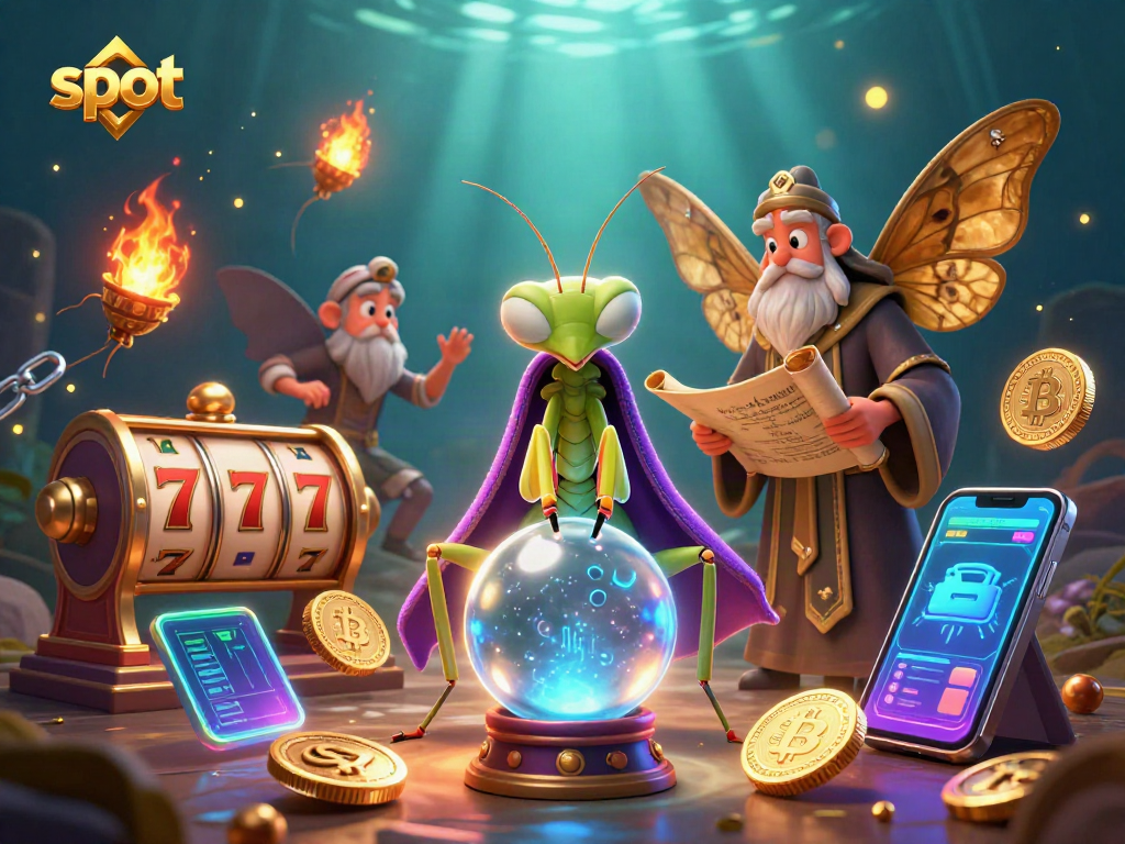 Spin the slot reels with a mystical mantis fortune teller and golden moth librarian.