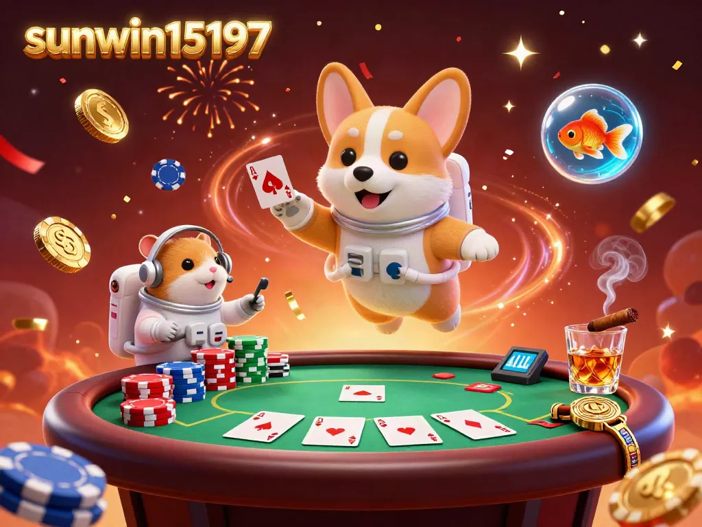 Experience the thrill at sunwin15197 with a lively 3D casino scene featuring playful characters and dramatic poker stakes.