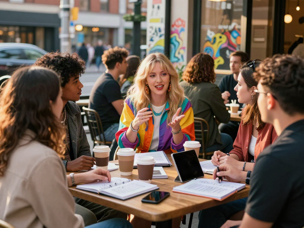 Chloe Sunderland engaging with friends at a café, discussing men's rights movement.