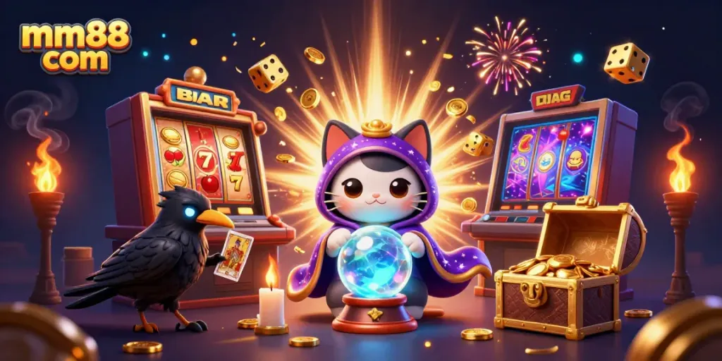 Experience the thrill of diverse games at mm88 com with an enchanting 3D casino scene.