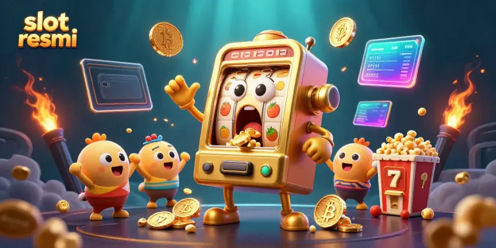 Slot resmi scene with a golden slot machine hitting a jackpot amid cheering baby machines and golden coins.