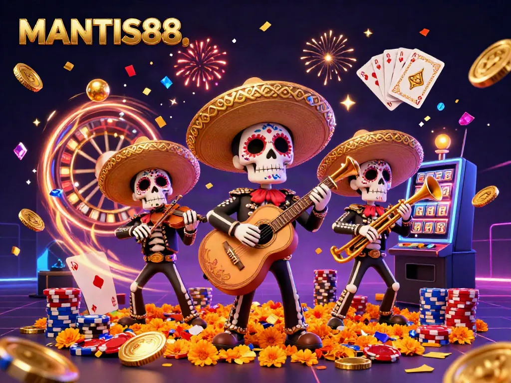Spin for fortune with MANTIS88 as colorful mariachi skeletons celebrate with casino elements.