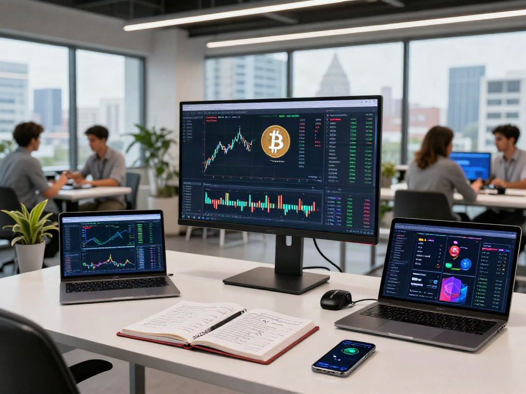 XXKK Exchange active trading workspace featuring live cryptocurrency charts, DeFi dashboards, and secure wallets in a tech-savvy environment