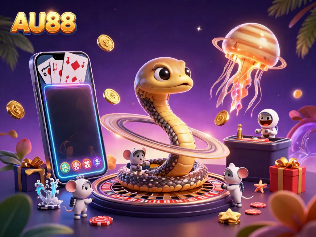 Experience thrilling gaming action at AU88 with vibrant slot games and cosmic dealers.