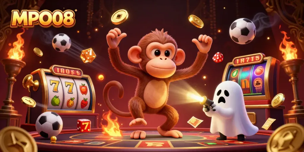 Experience the dynamic world of MPO08 with a haunted casino scene featuring a playful poltergeist monkey and a curious puppy.