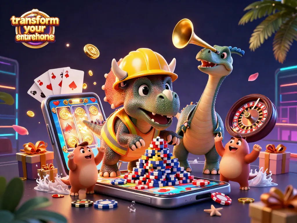 Transform your entire home with a 3D cartoon illustration of a dinosaur casino building poker chips.
