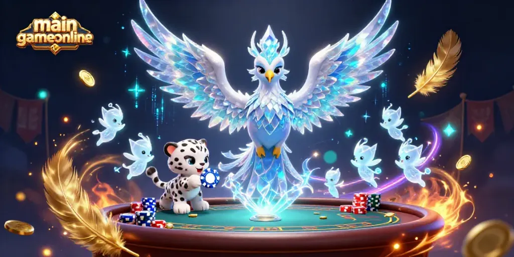 Experience the thrill with main game online featuring an ice phoenix, poker elements, and vibrant effects.
