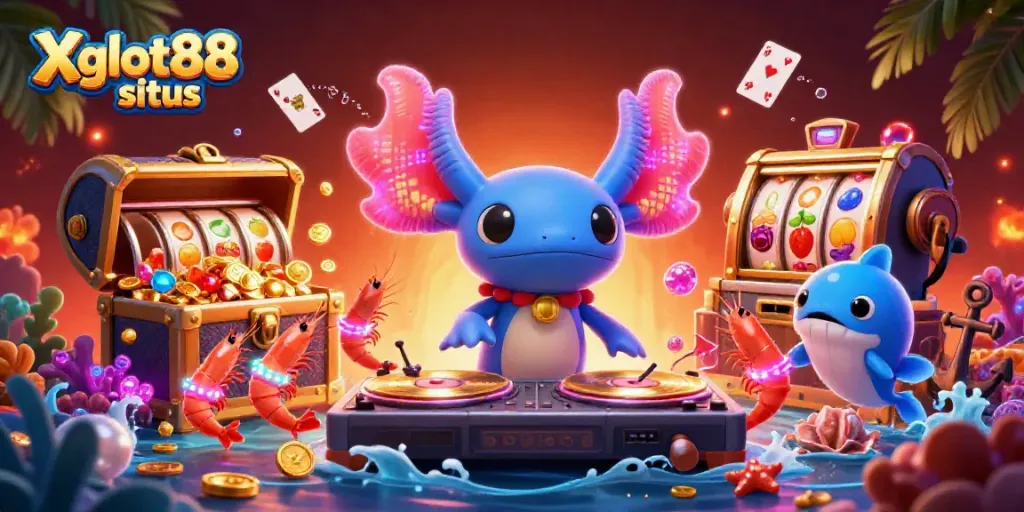 Ilustrasi kasino bawah laut Xgslot88 situs dengan DJ axolotl yang berwarna neon dan elemen slot yang gemerlap.