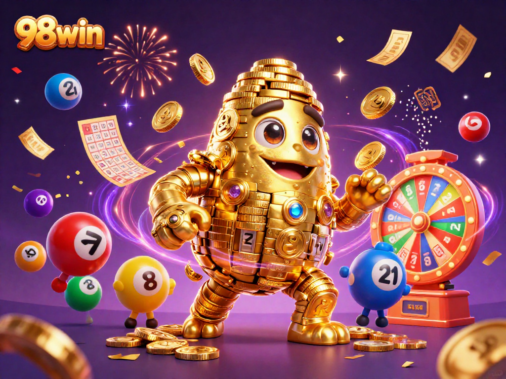 Experience thrilling gaming at 98win with a vibrant 3D portrayal of a golden golem and dynamic casino elements.