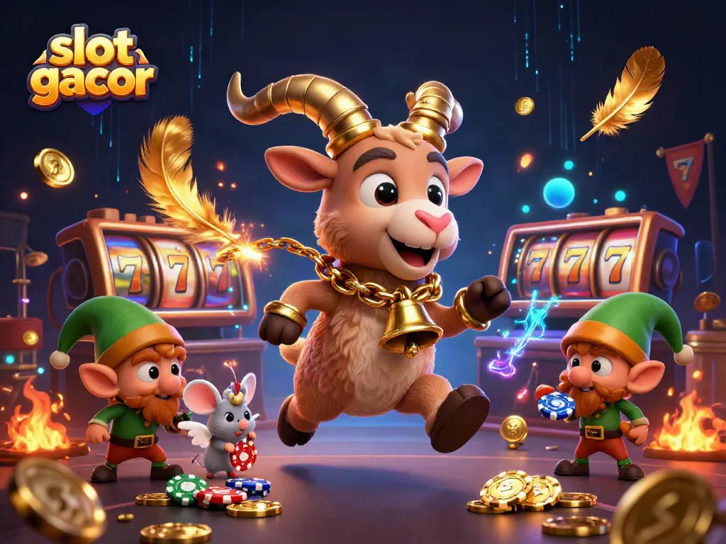 Slot gacor, karakter Krampus dan mouse mengatur kasino dengan koin emas dan elemen permainan yang menarik.