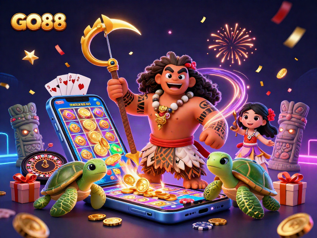 Experience the excitement of GO88 with a 3D illustration featuring dynamic casino elements and colorful characters.