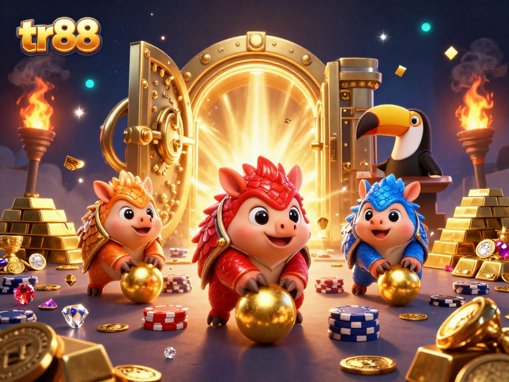 tr88 pengolins compete amidst golden treasure and poker chips in a lively casino scene