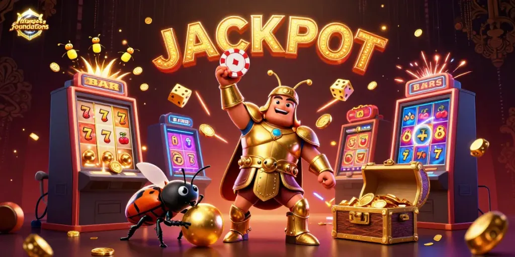 Experience the excitement of changesfoundations with this vibrant casino-themed illustration showcasing a hercules beetle and lively jackpot elements.