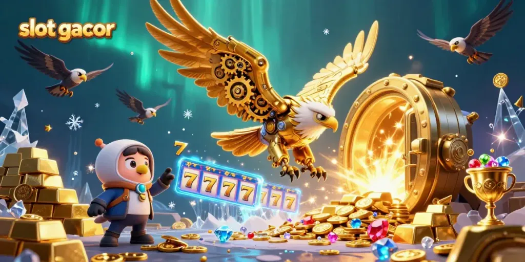 Engage with exciting slot gacor adventures as a golden eagle dives through dazzling slot reels and treasures.