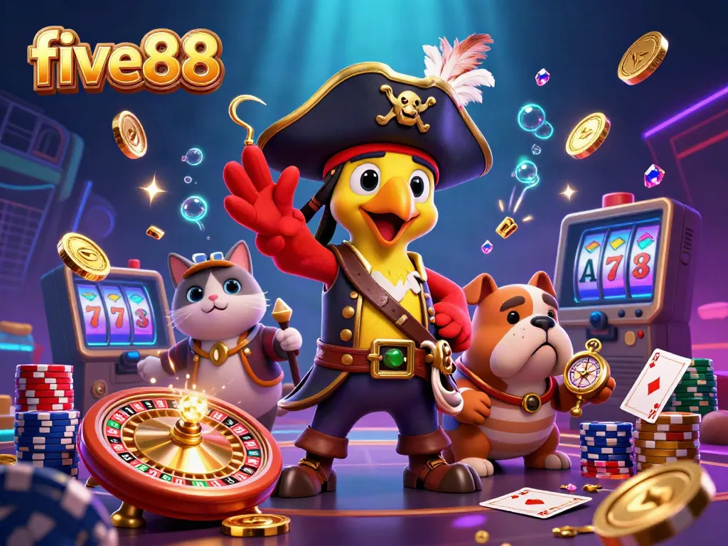 Experience the thrilling casino world at five88, featuring a pirate captain and vibrant gaming elements.