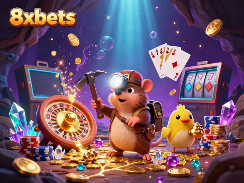 8xbets presents an exciting scene with a treasure hunter and a canary amidst a dazzling casino backdrop.
