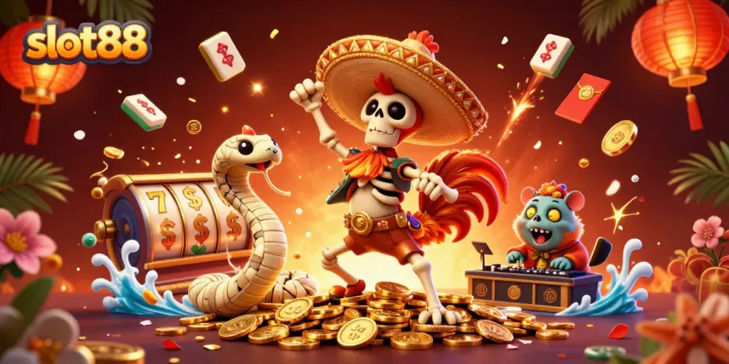 Win big with slot88 as a dancing mariachi rooster joins festive gaming action.